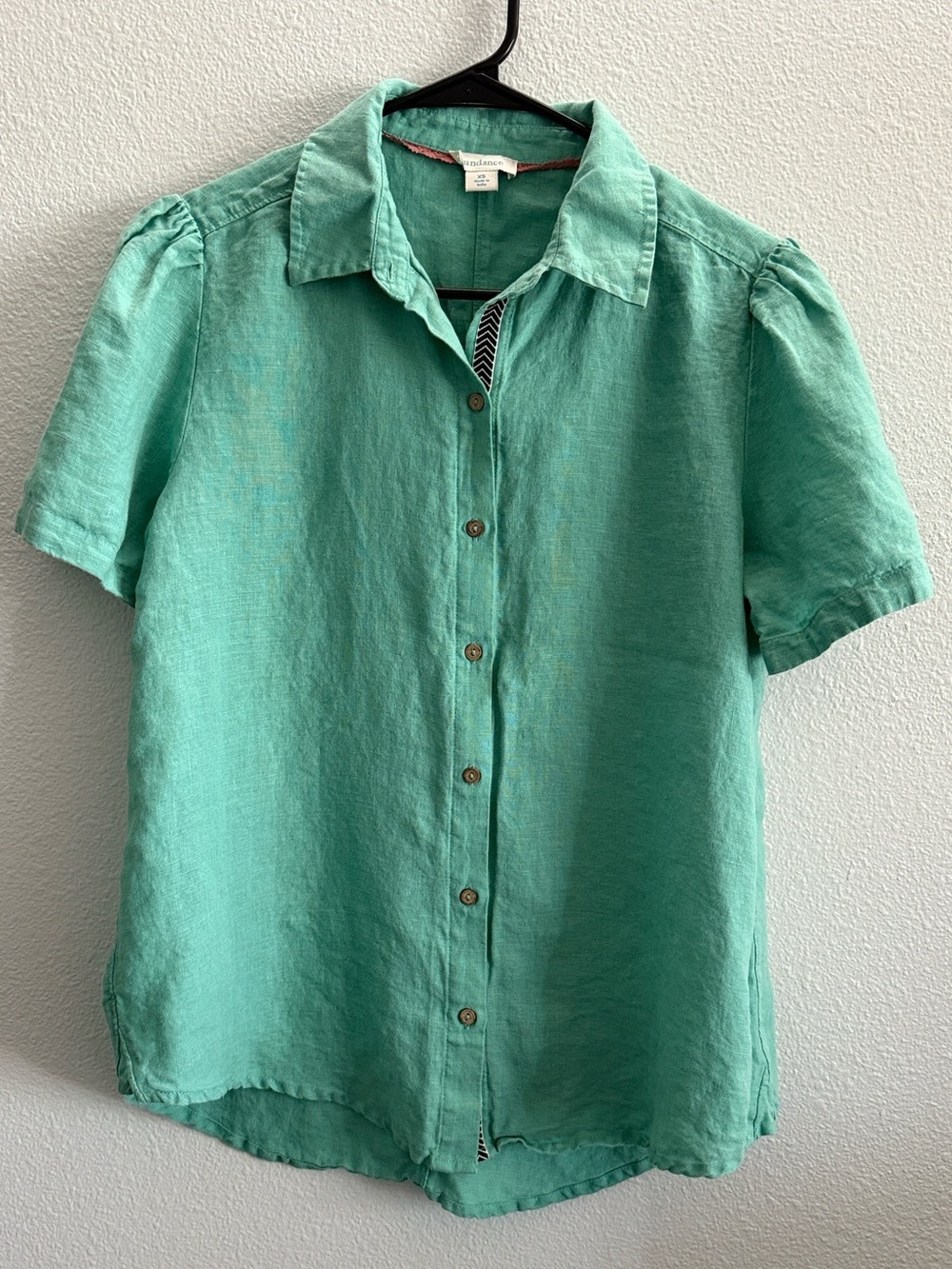 Sundance 100% Linen Button Front Puff Sleeve Blouse | Aqua Green | XS